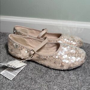 NWT Zara Sequin Ballet Mary Jane Flat Ivory Size 38